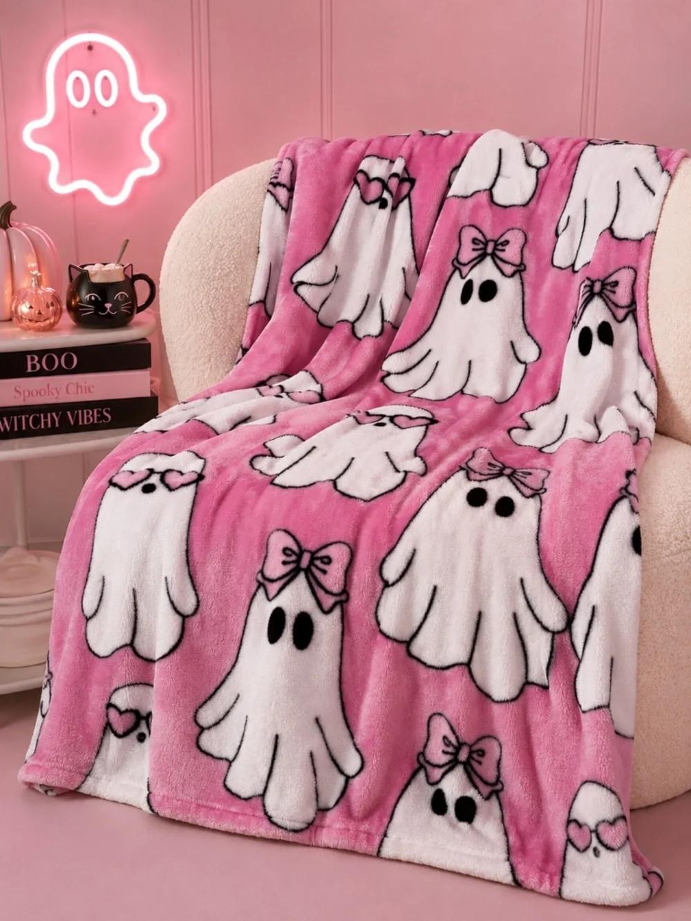 Betsey Johnson Pink Ghost Plush Throw Blanket 50x70 Halloween Pinkoween NWT